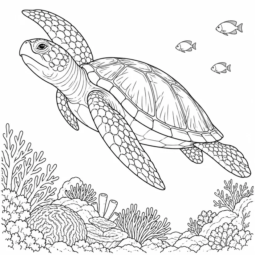 Coloriage Tortue marine parmi les coraux