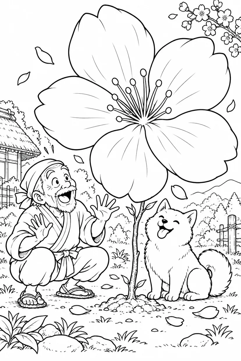 はなさかおじさん：小さな苗木に大きすぎる花（ギャグ）の塗り絵