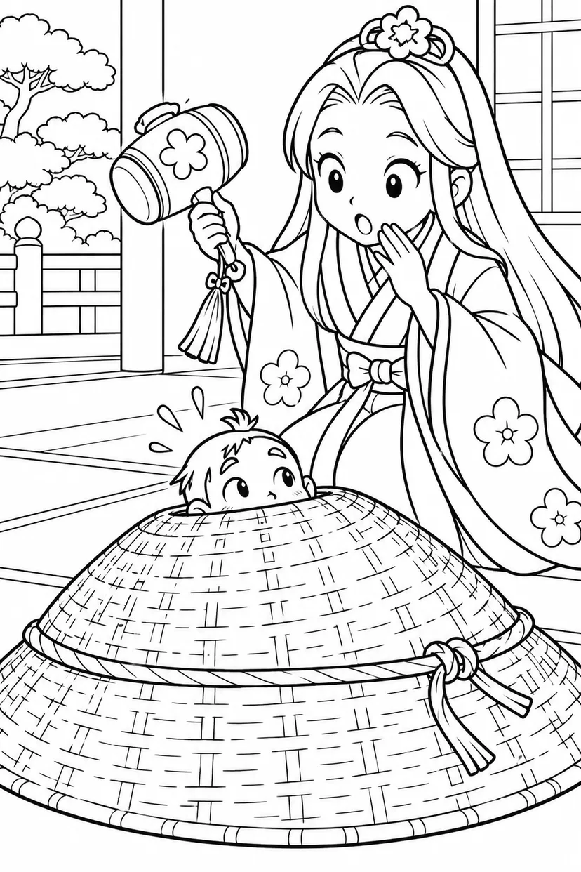 一寸法師・小槌より先に帽子が成長の塗り絵