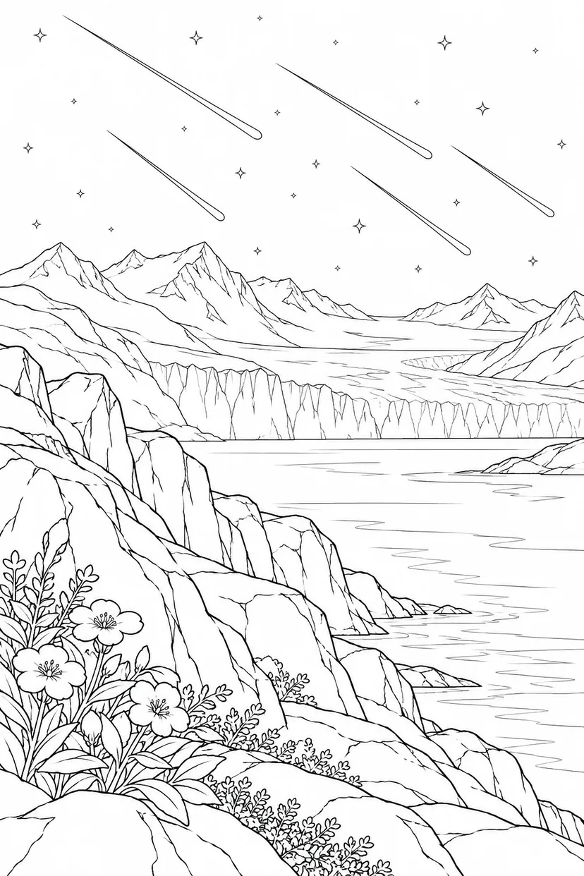 氷河と岩の岬と流星群の塗り絵