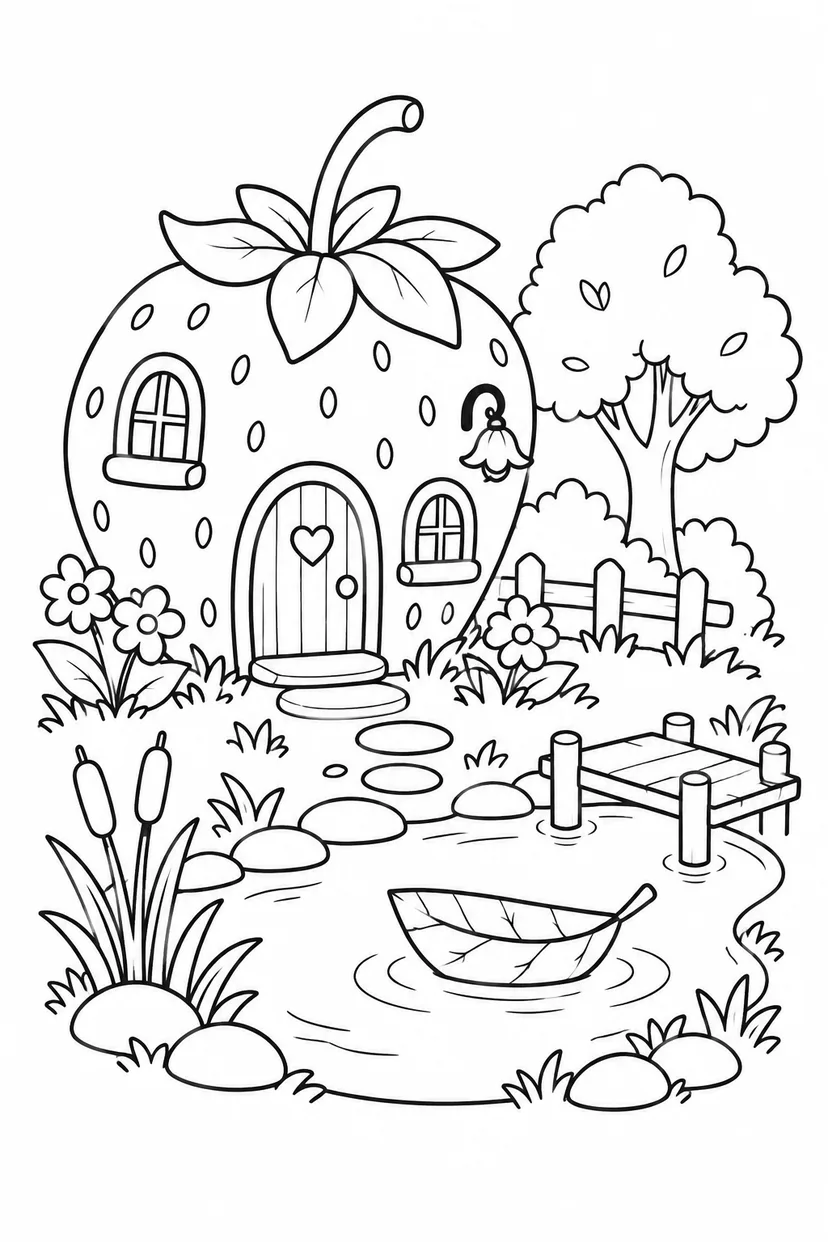 いちごのおうちの池の庭の塗り絵