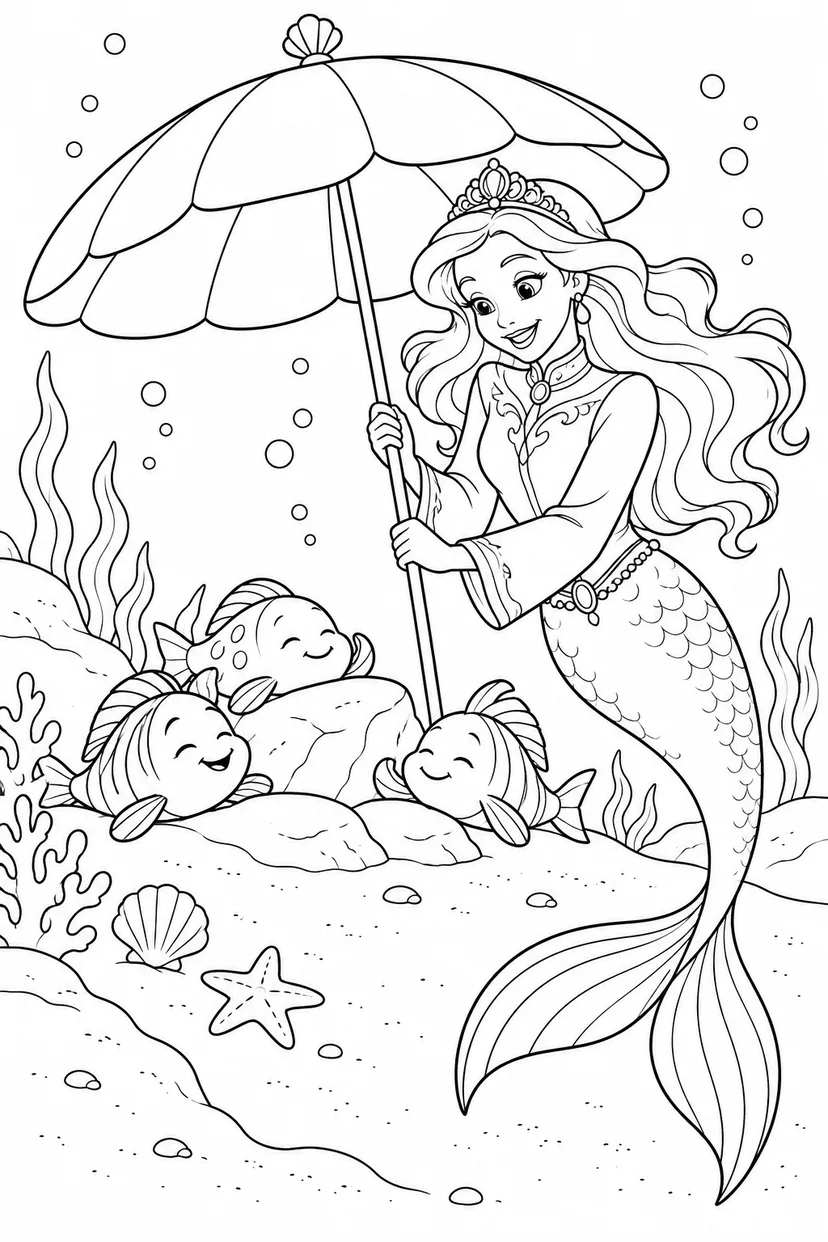 人魚姫：海の中でもビーチパラソルの塗り絵