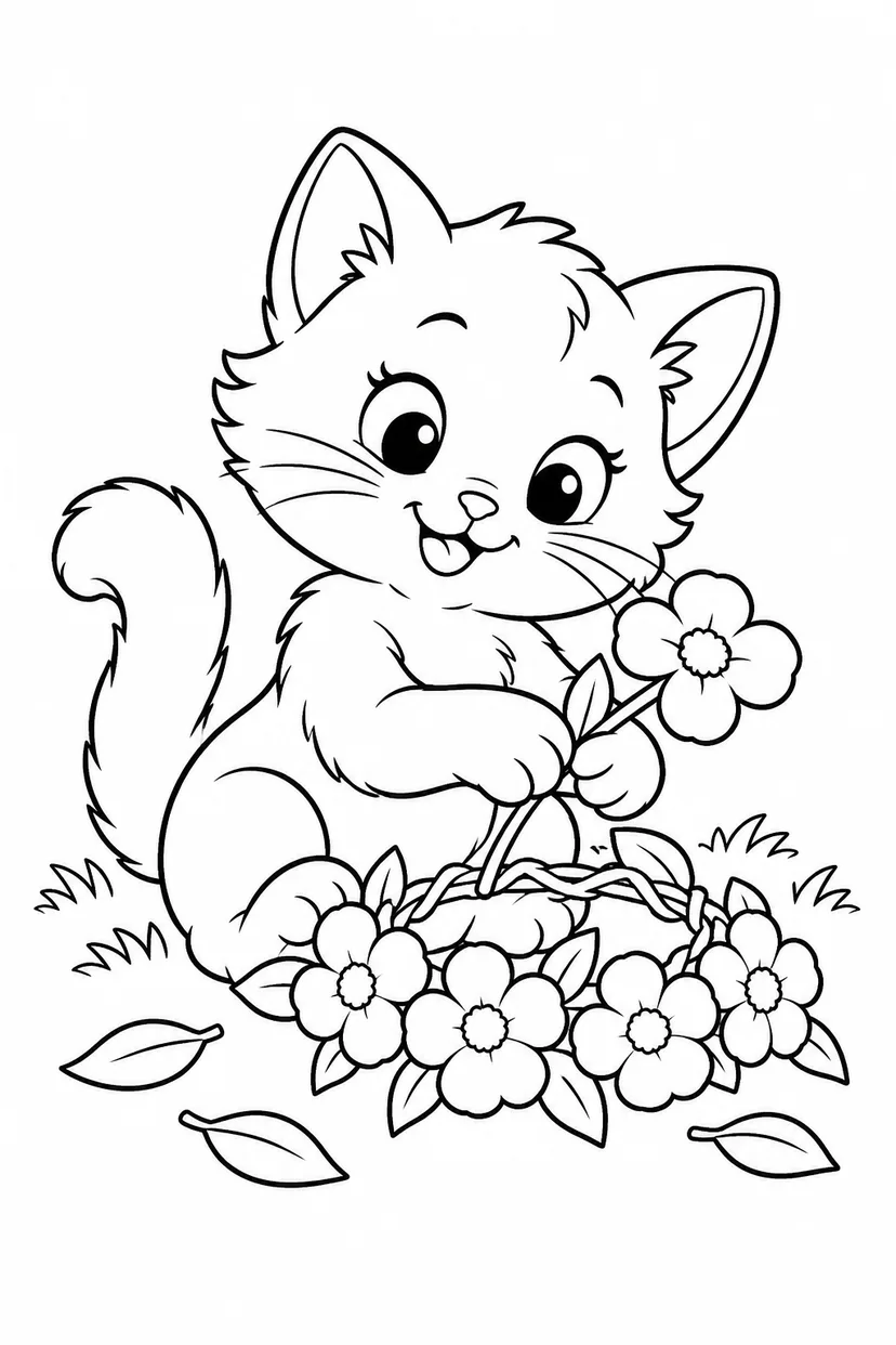 こねこの花かんむり作りの塗り絵