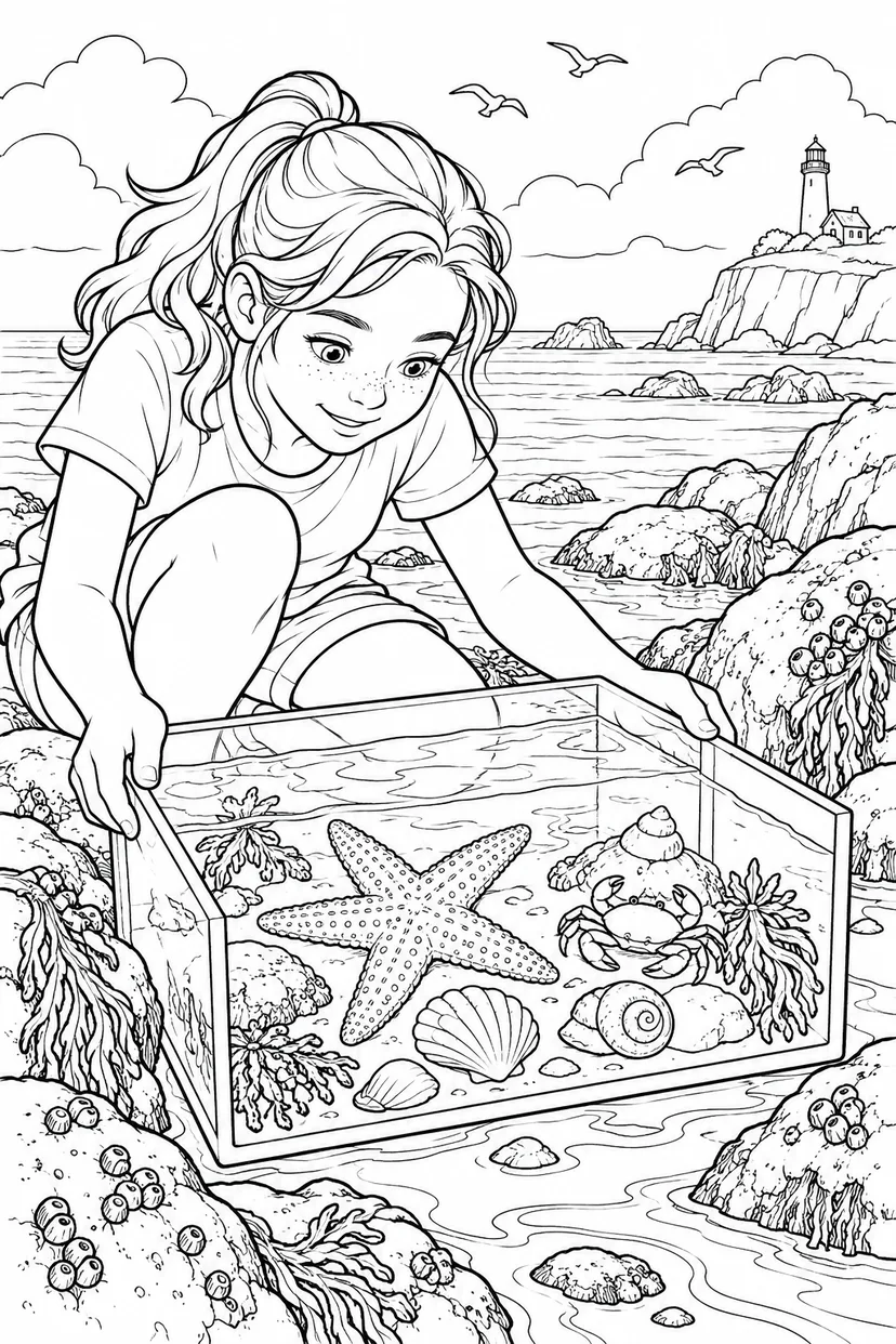 夏の水辺の観察ボックスの塗り絵