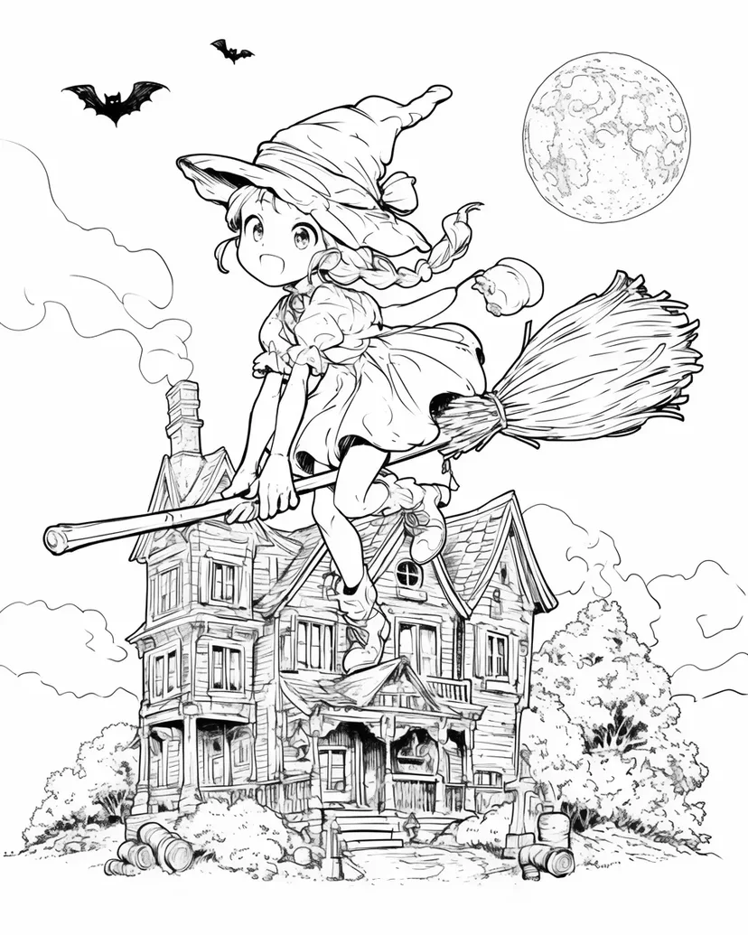 ほうきに乗った小さな魔女の塗り絵