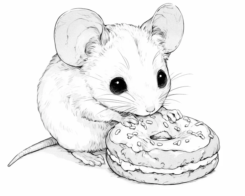 ドーナツをかじる小さなネズミの塗り絵