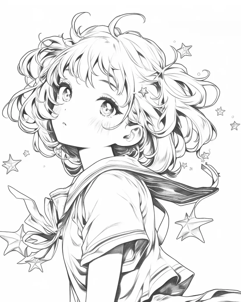 星を見上げる少女の塗り絵
