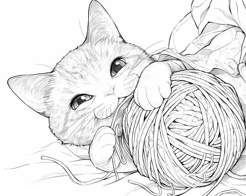 毛糸と遊ぶ子猫の塗り絵