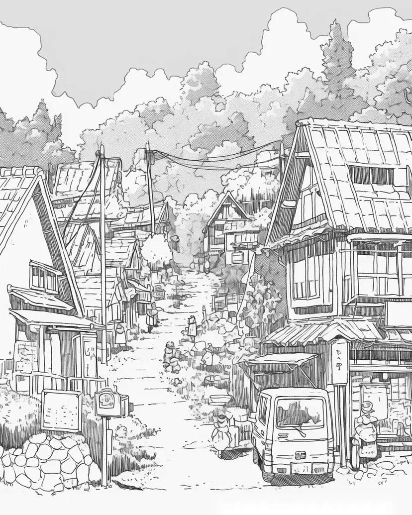 田舎の静かな村の塗り絵