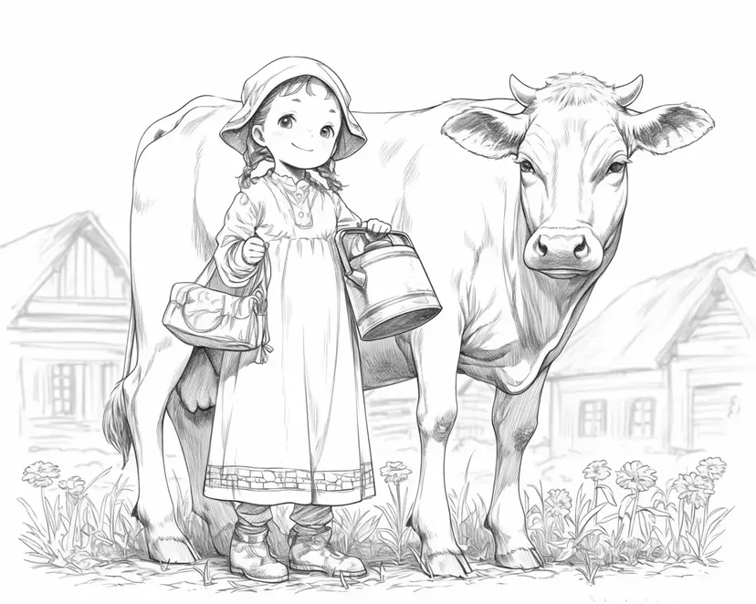 女孩和牛涂色页