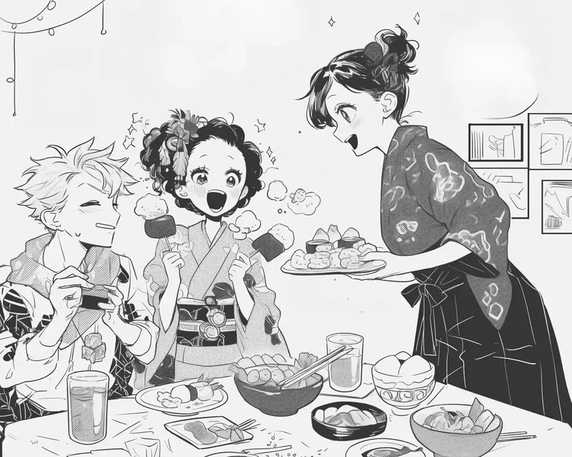 Desenho de Uma Família Alegre Celebrando Sushi para colorir