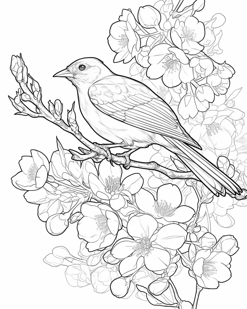 Desenho de Pássaro em um Galho de Flor de Cerejeira para colorir