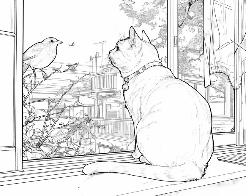 Desenho de Gato no Parapeito para colorir