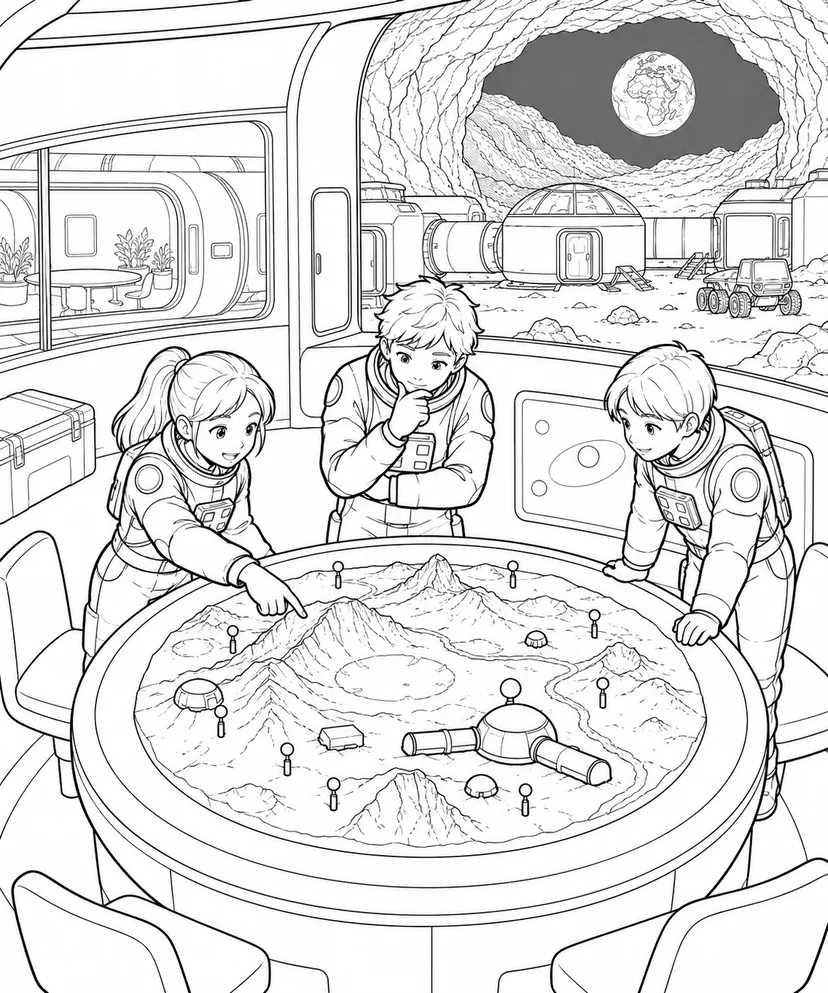 月の溶岩洞基地：地形模型と作戦会議の塗り絵