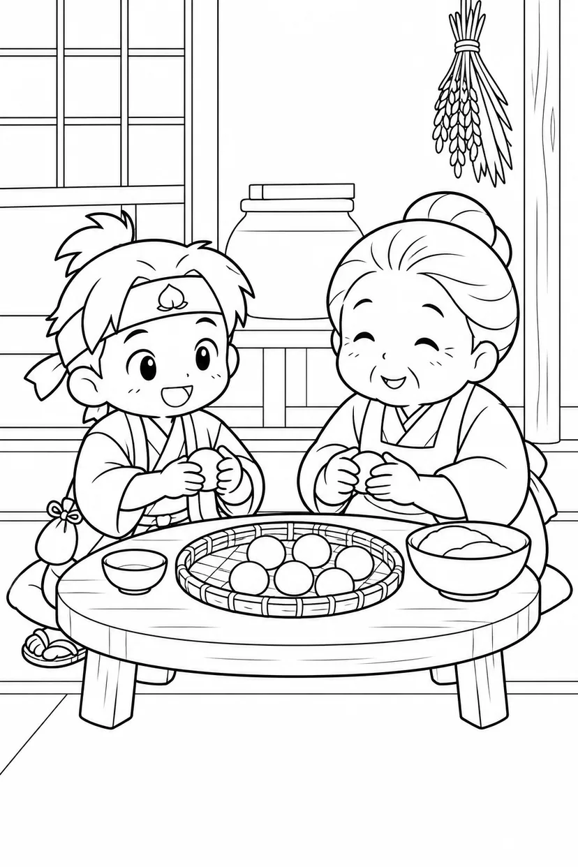 ほっこり桃太郎：おばあさんときびだんご作りの塗り絵