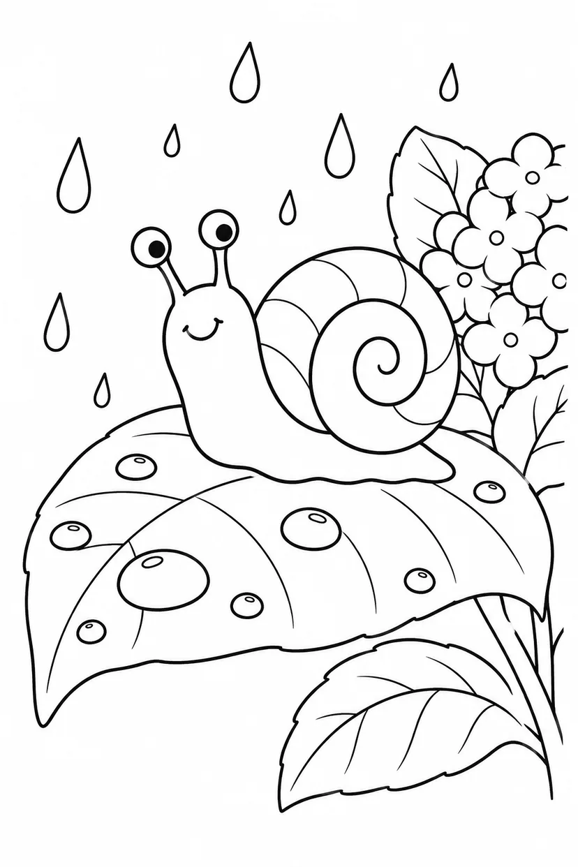 カタツムリと雨の葉の塗り絵