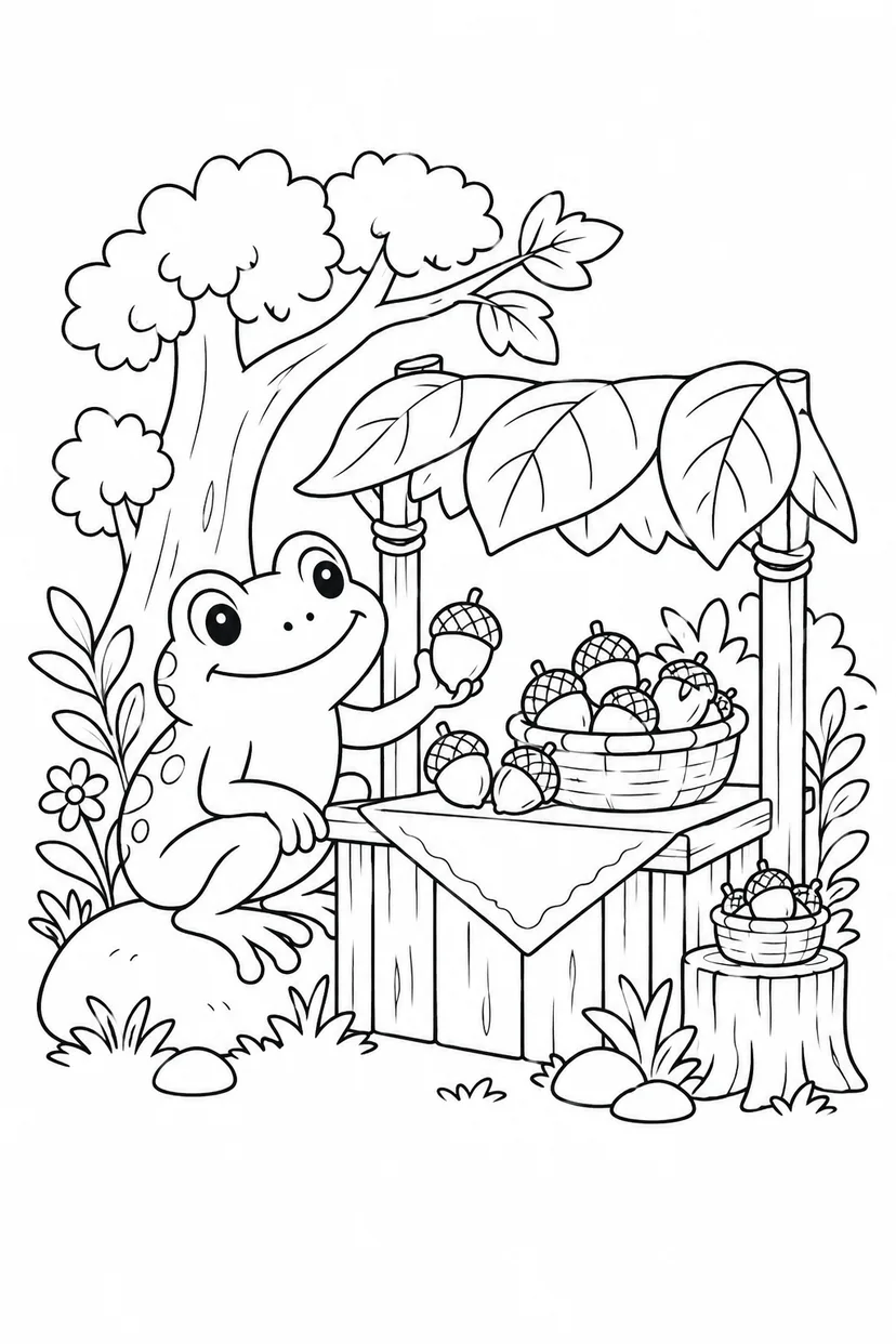 カエルとどんぐりの屋台の塗り絵