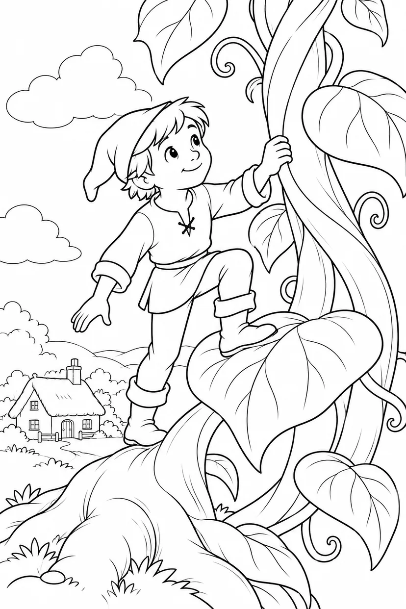 Jack and the Beanstalk・Heartwarming — The first step onto a giant leaf coloring page