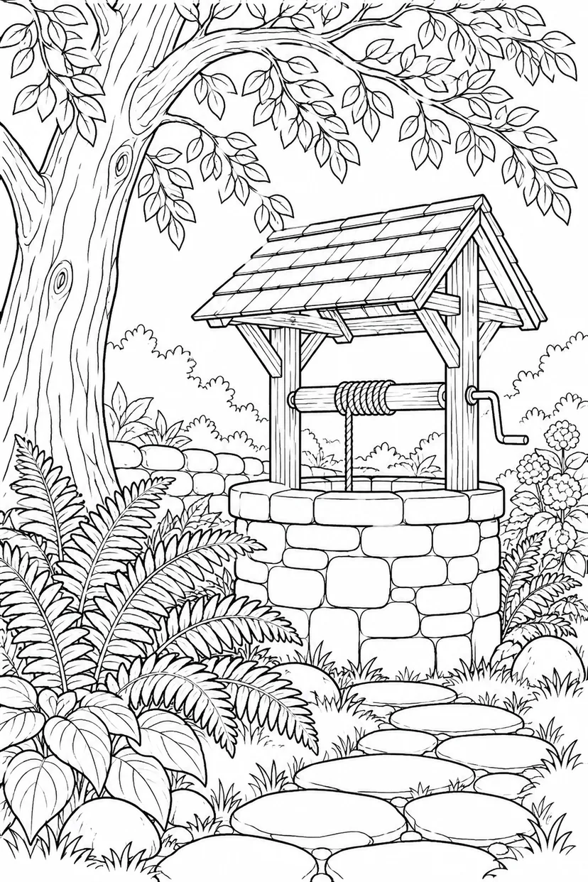 木陰の古井戸とシダの葉の塗り絵