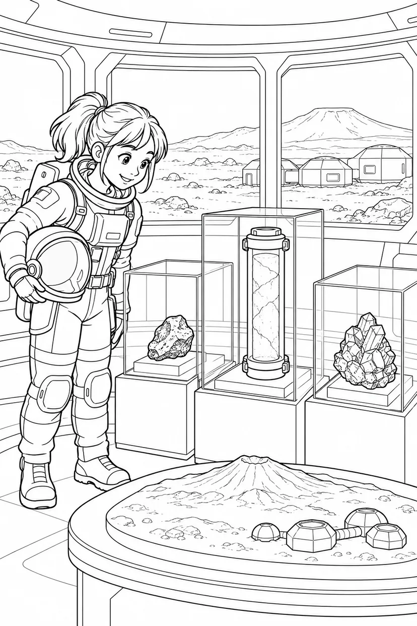 火星の火山平原基地：探査標本の展示室の塗り絵