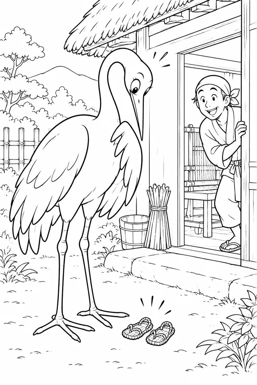 つるの恩返し：つるには小さすぎる草履の塗り絵