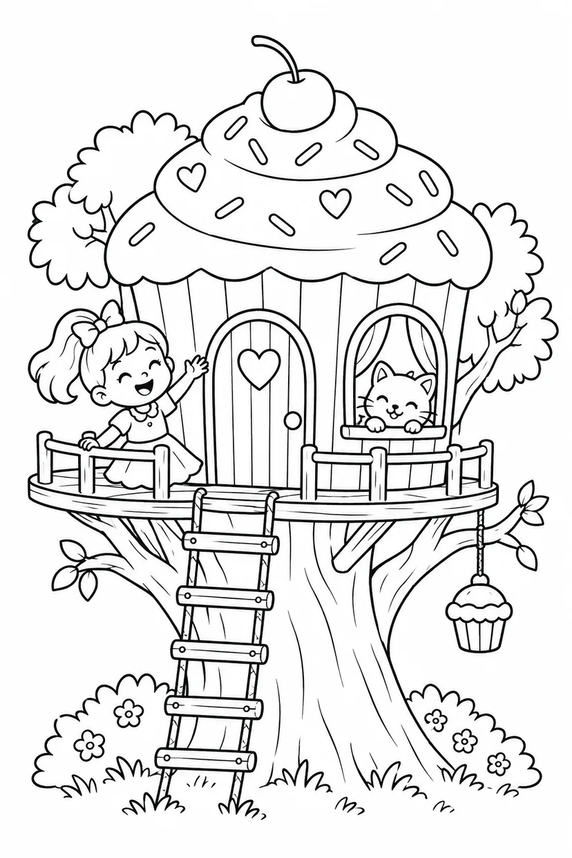 カップケーキのツリーハウスの塗り絵