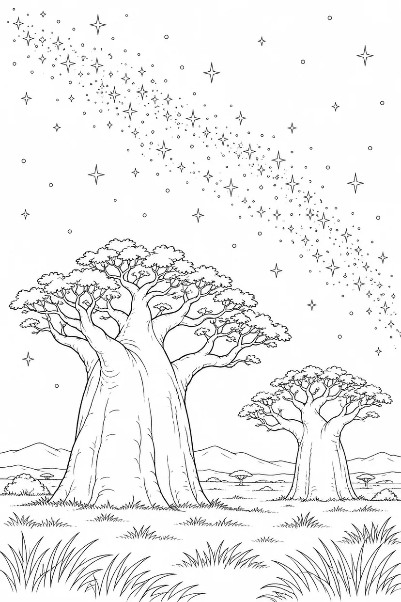 バオバブの平原と天の川の塗り絵