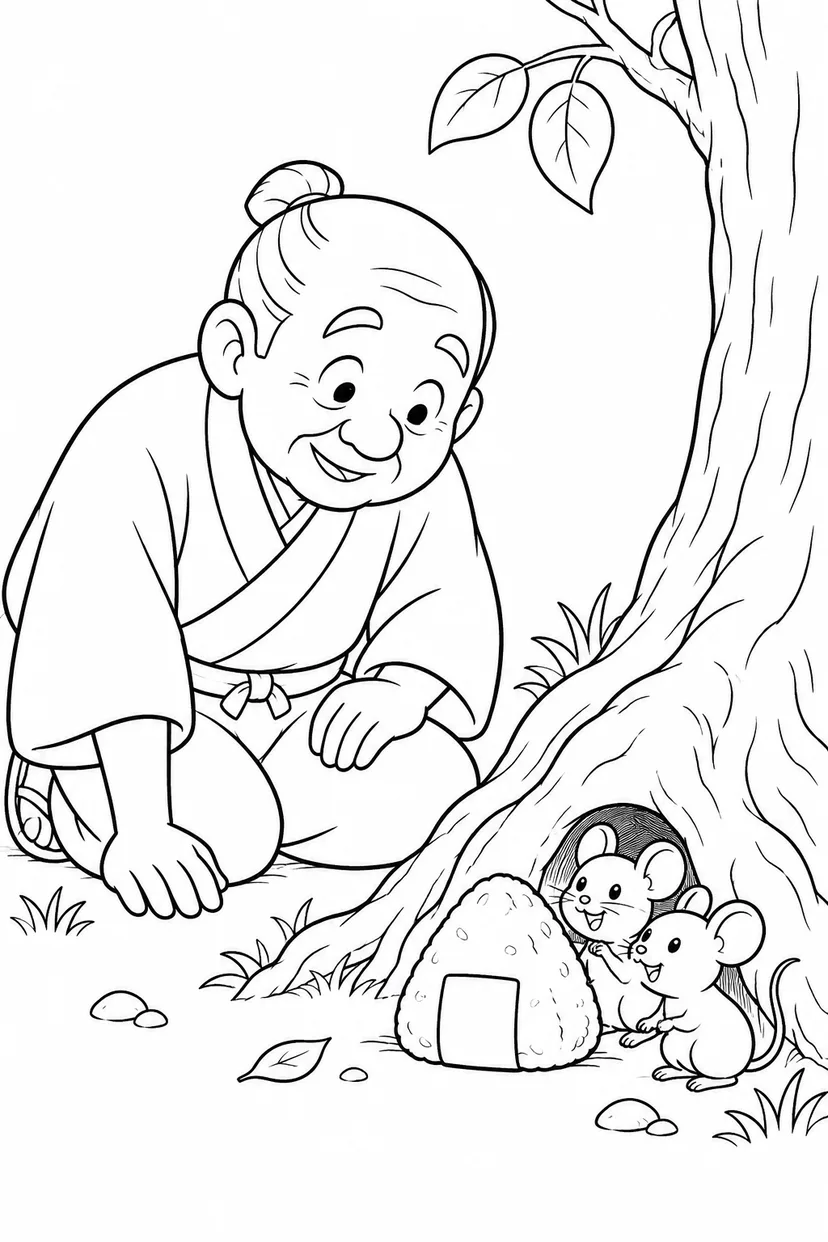 おむすびころりん・ほっこり：木の根元の穴の塗り絵
