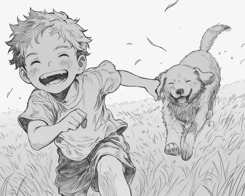 Desenho de Menino e Cachorro Correndo no Campo para colorir