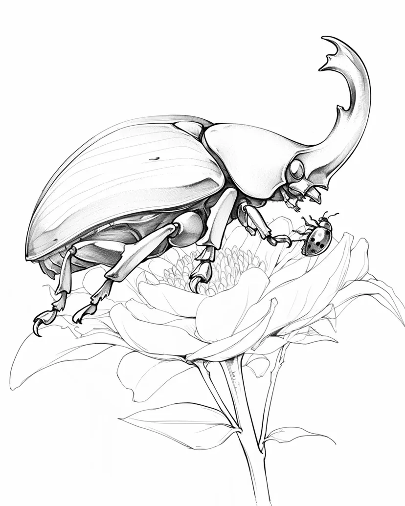 カブトムシとテントウムシの出会いの塗り絵