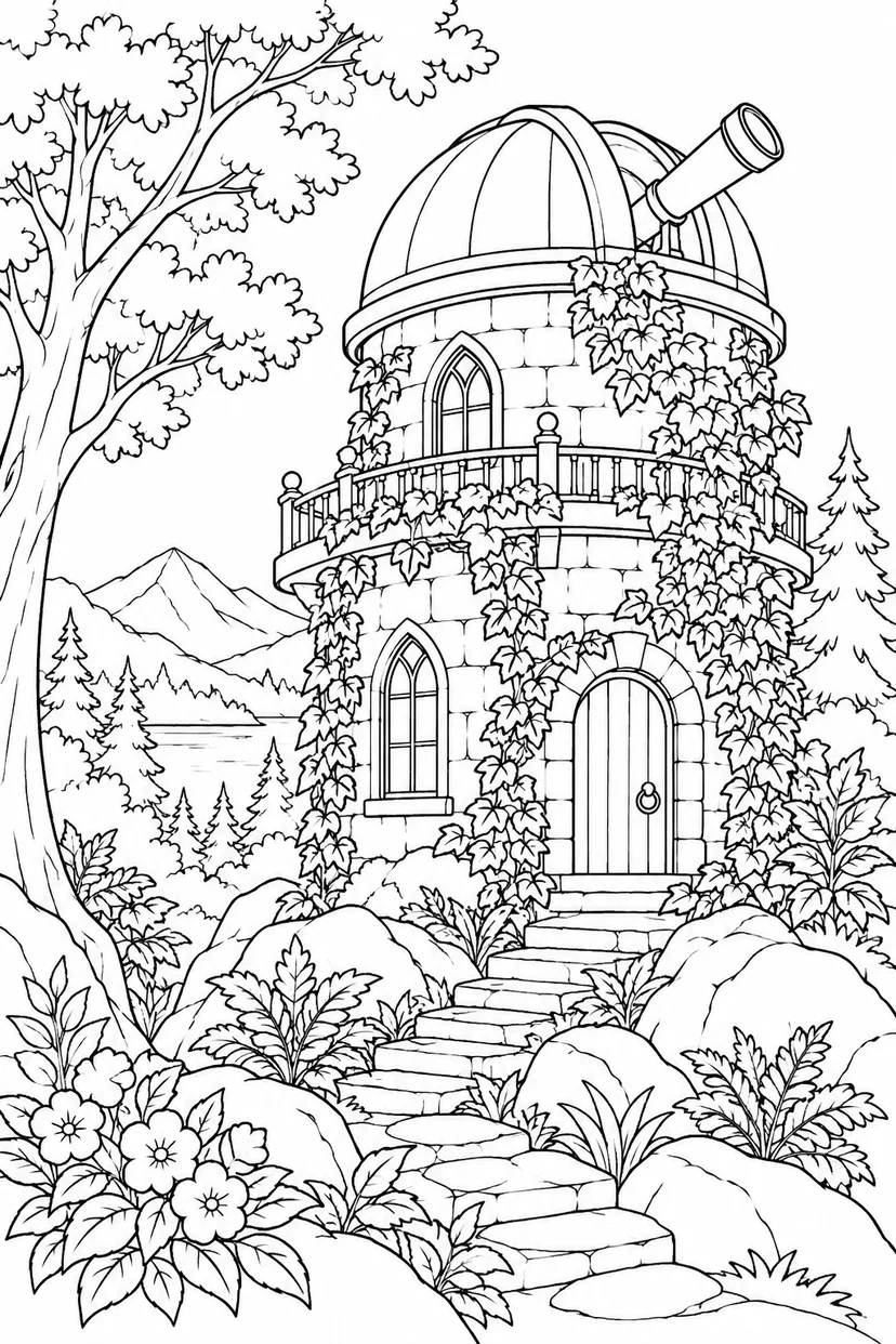 蔦に包まれた森の天文台の塗り絵