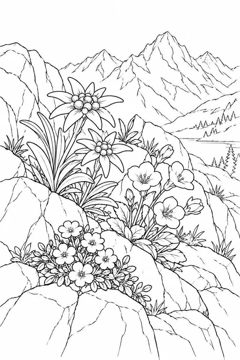 高山の岩場に咲く小さな花の塗り絵