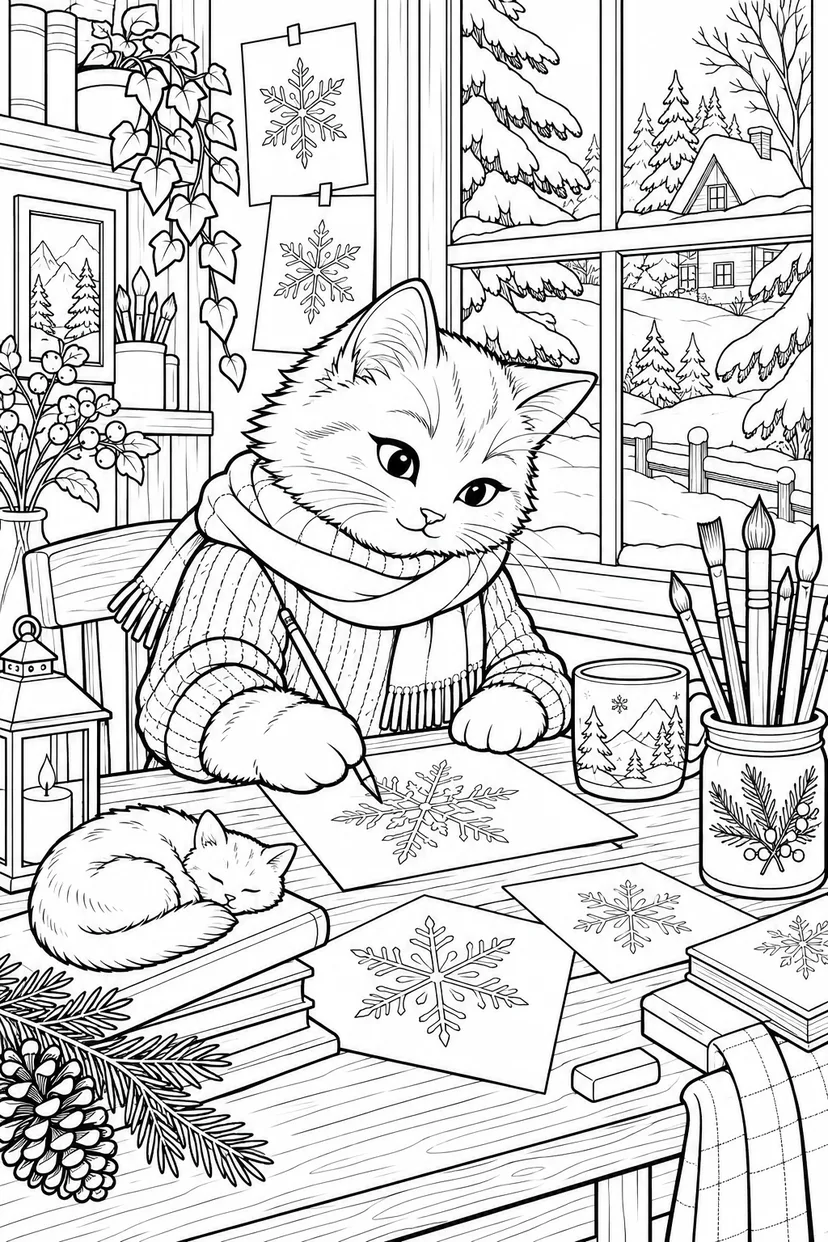 冬のねこの旅する画材箱の塗り絵