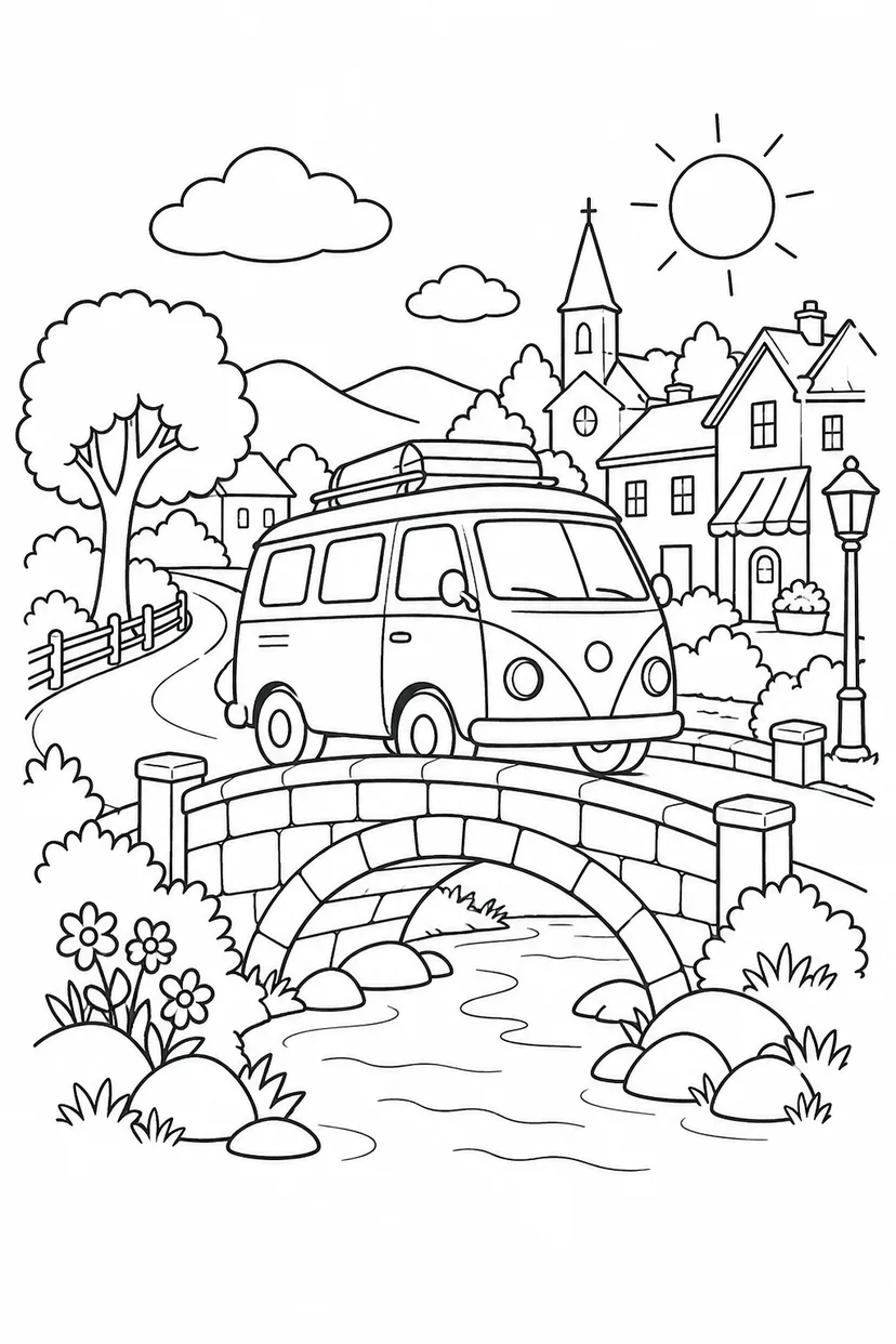キャンピングカーと町の橋の塗り絵