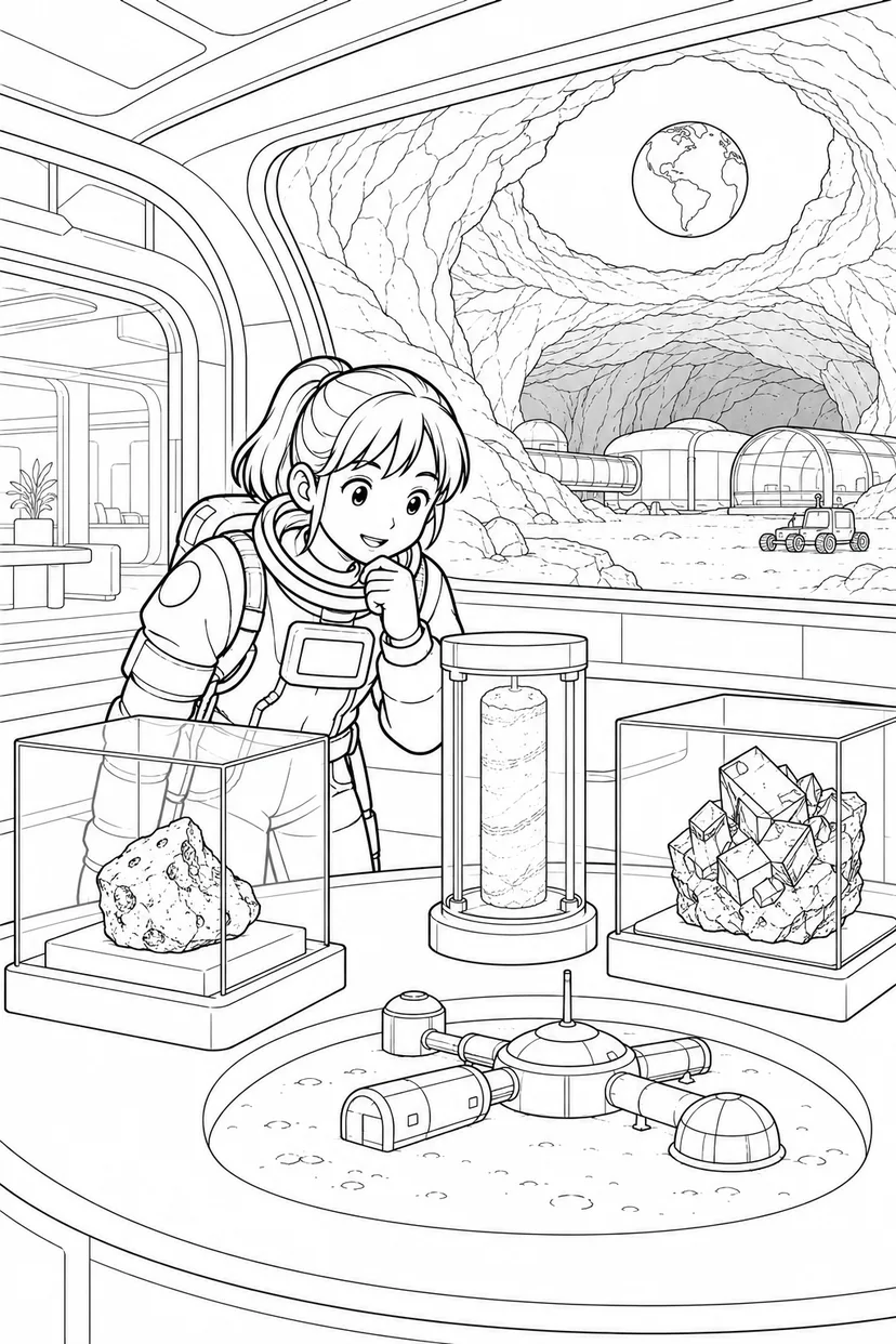 月の溶岩洞基地：探査標本の展示室の塗り絵