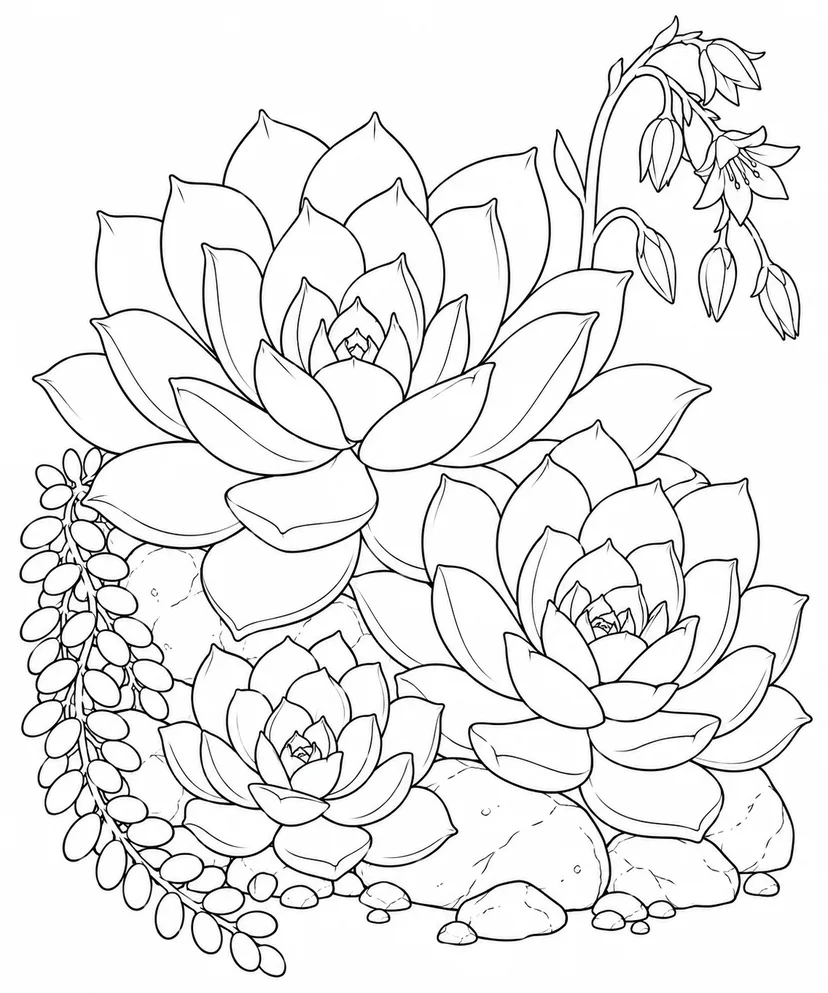 観察スケッチ：多肉植物の葉のロゼットの塗り絵