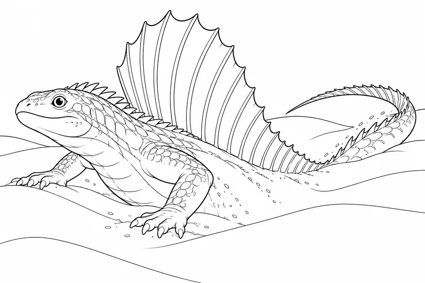 砂漠で泳ぐ帆のあるトカゲの塗り絵
