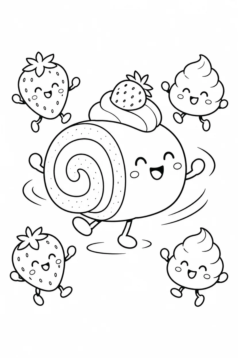 ロールケーキのくるくるダンスの塗り絵