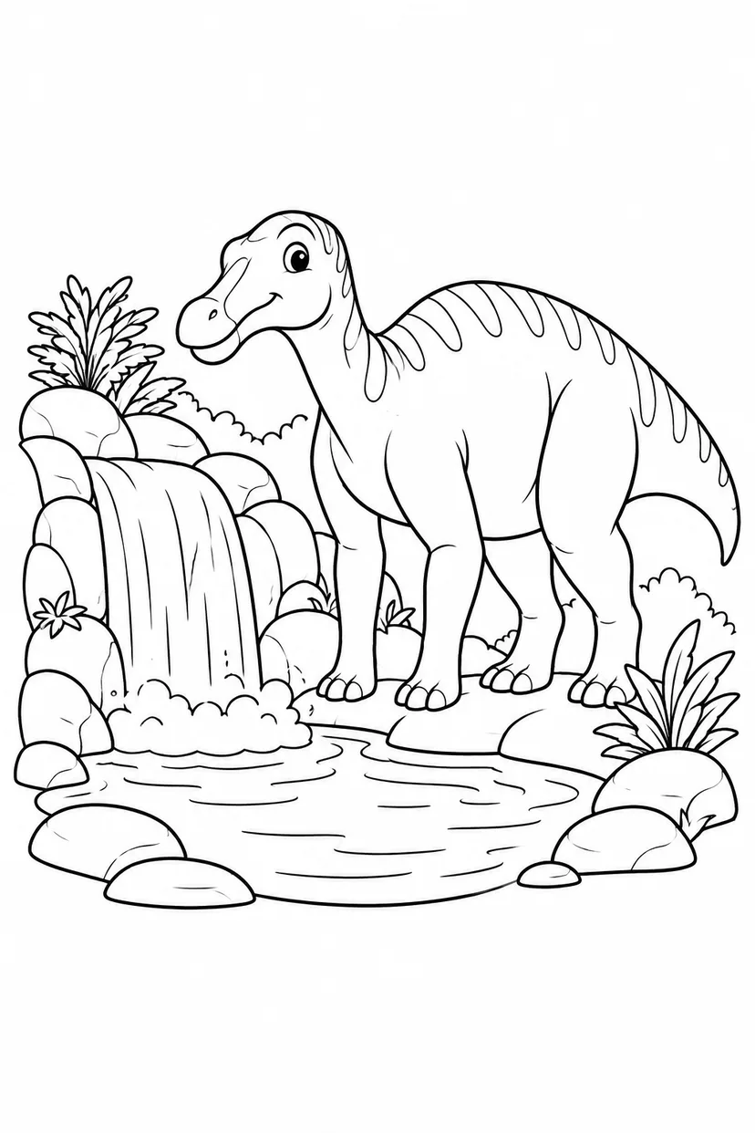 マイアサウラと滝の池の塗り絵