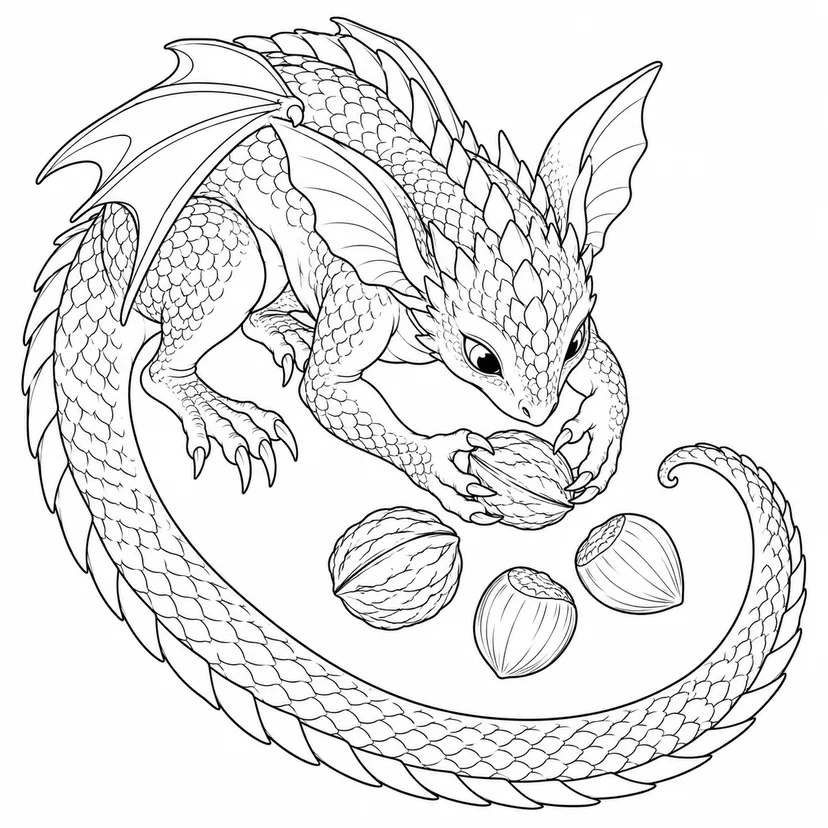 Coloriage Dragon ramassant des noix avec sa queue