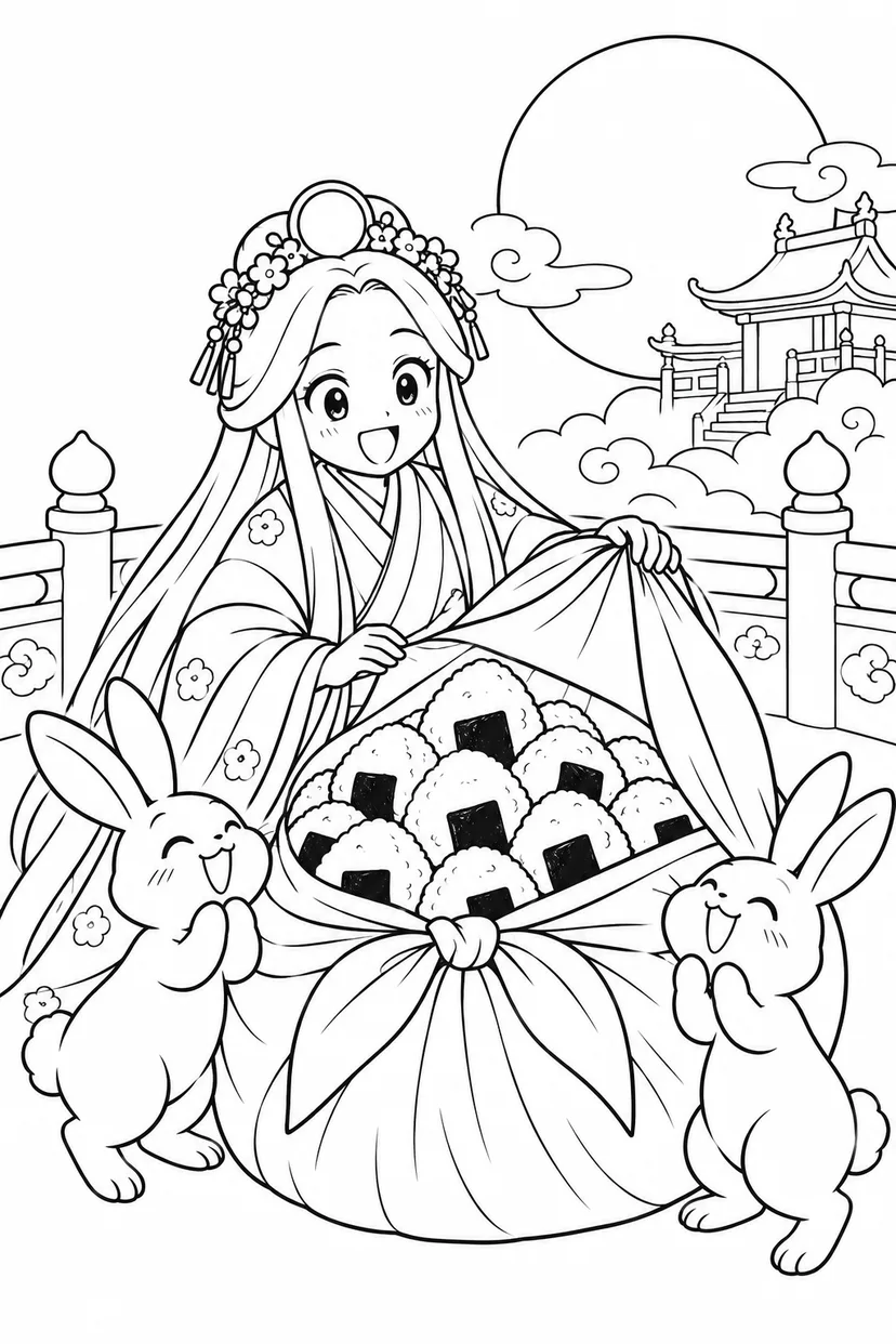 かぐや姫の月でもおばあさんの差し入れの塗り絵