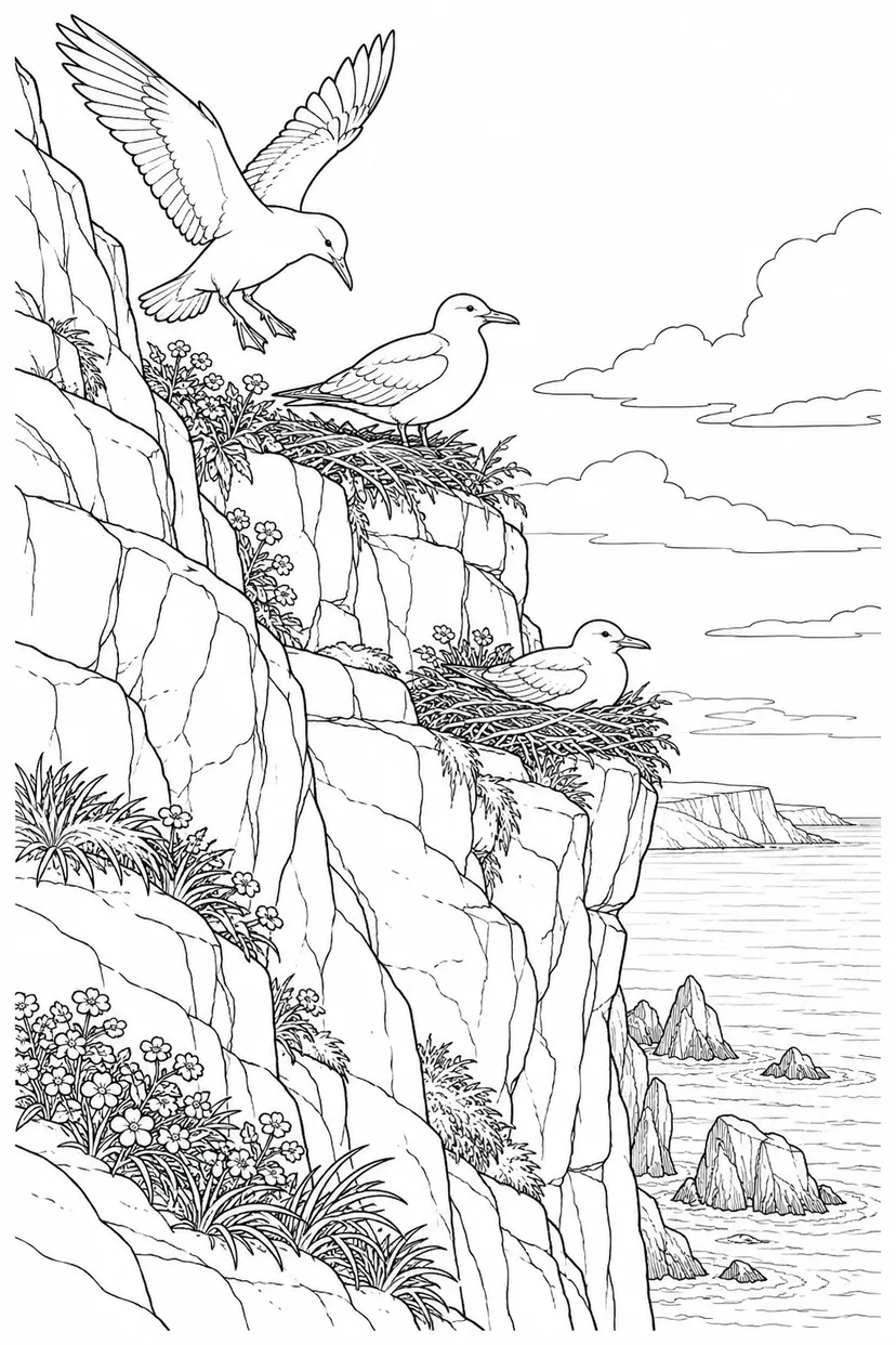 Dibujo de Nidos de aves marinas en un acantilado para colorear