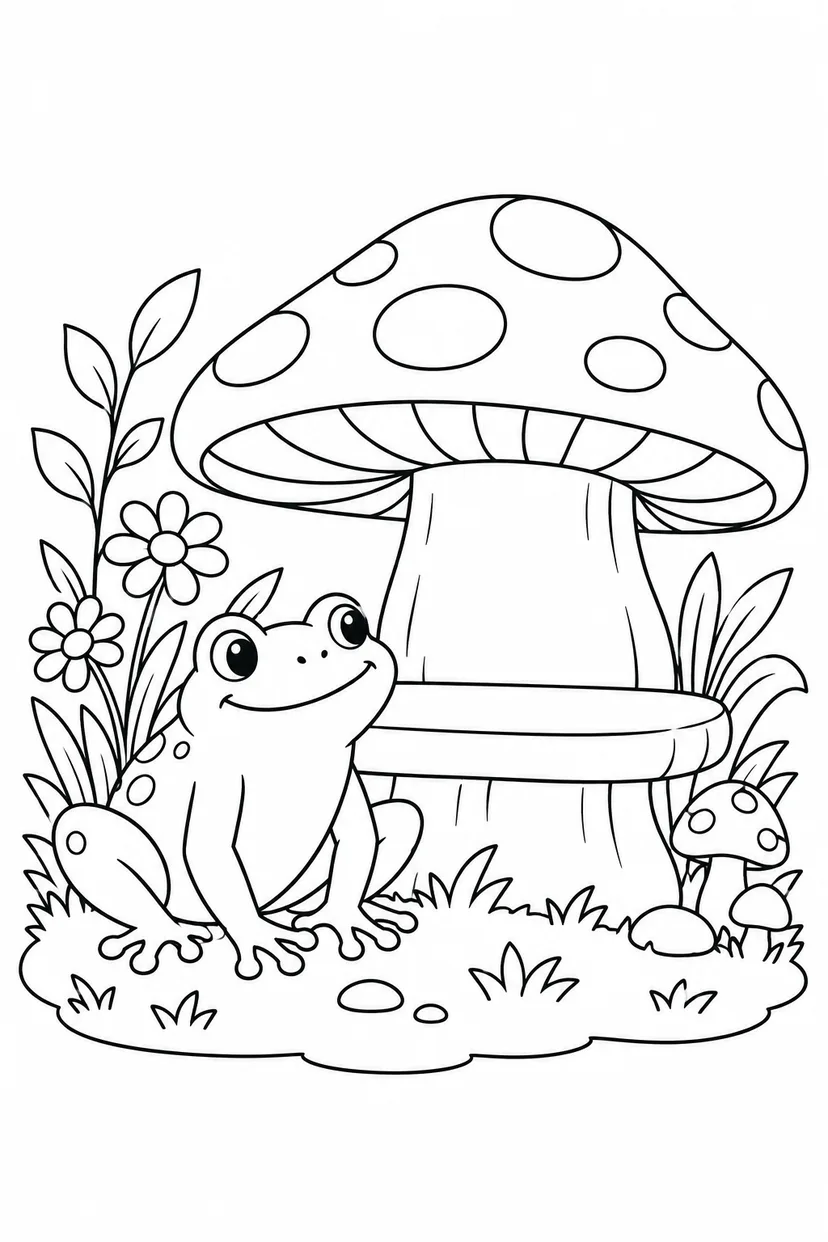 カエルときのこのベンチの塗り絵