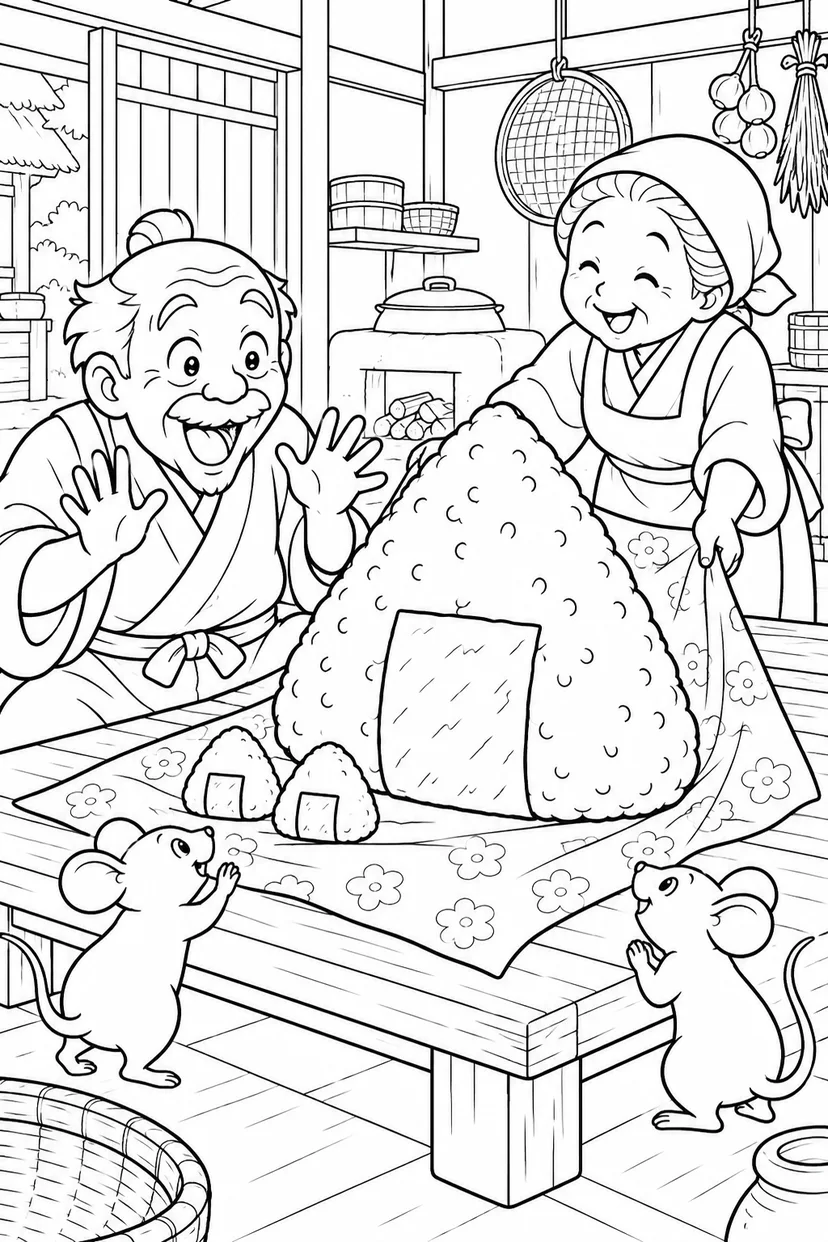 おむすびころりん・ギャグ：おむすびの支度の塗り絵