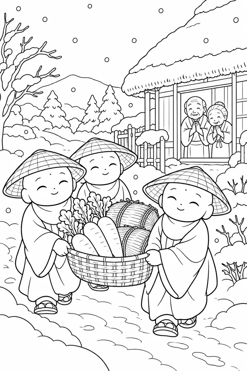 かさじぞう・おじぞうさまの贈りものの塗り絵
