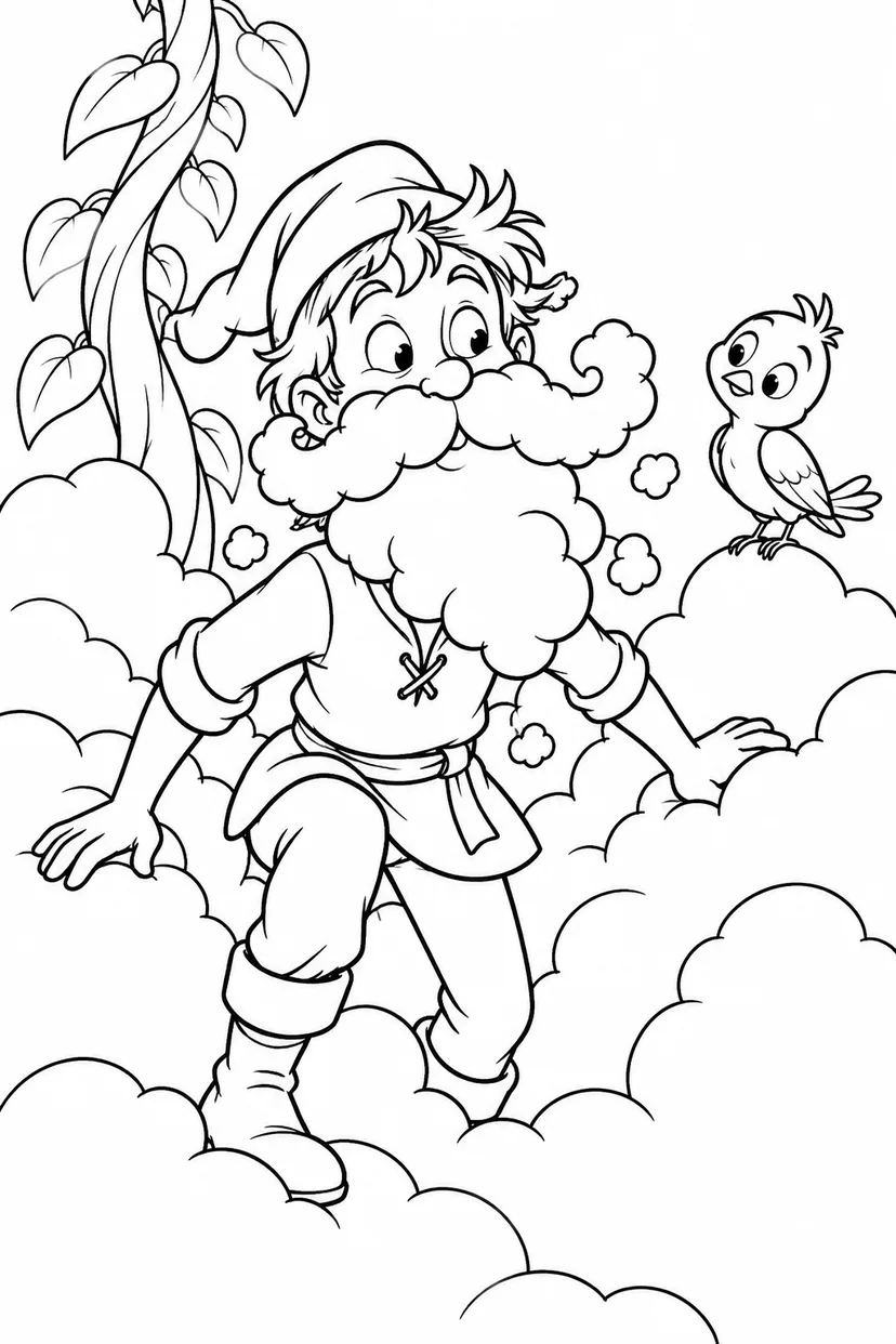 Jack and the Beanstalk・Comedy — A greeting with a cloud beard coloring page