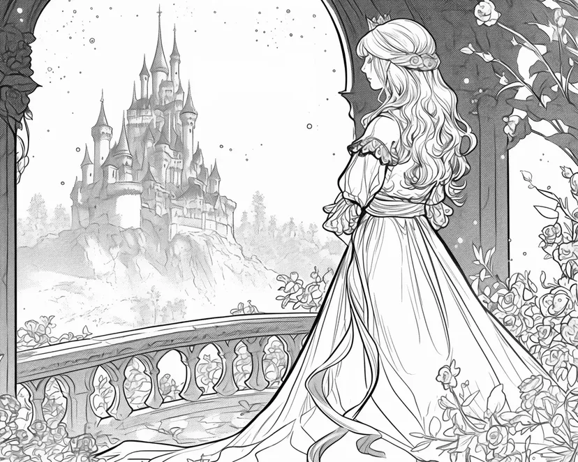 Dibujo de Princesa contemplando el castillo para colorear