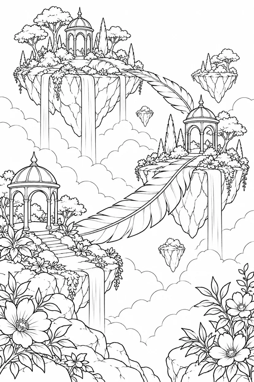 羽根の橋で結ばれた空の庭の塗り絵