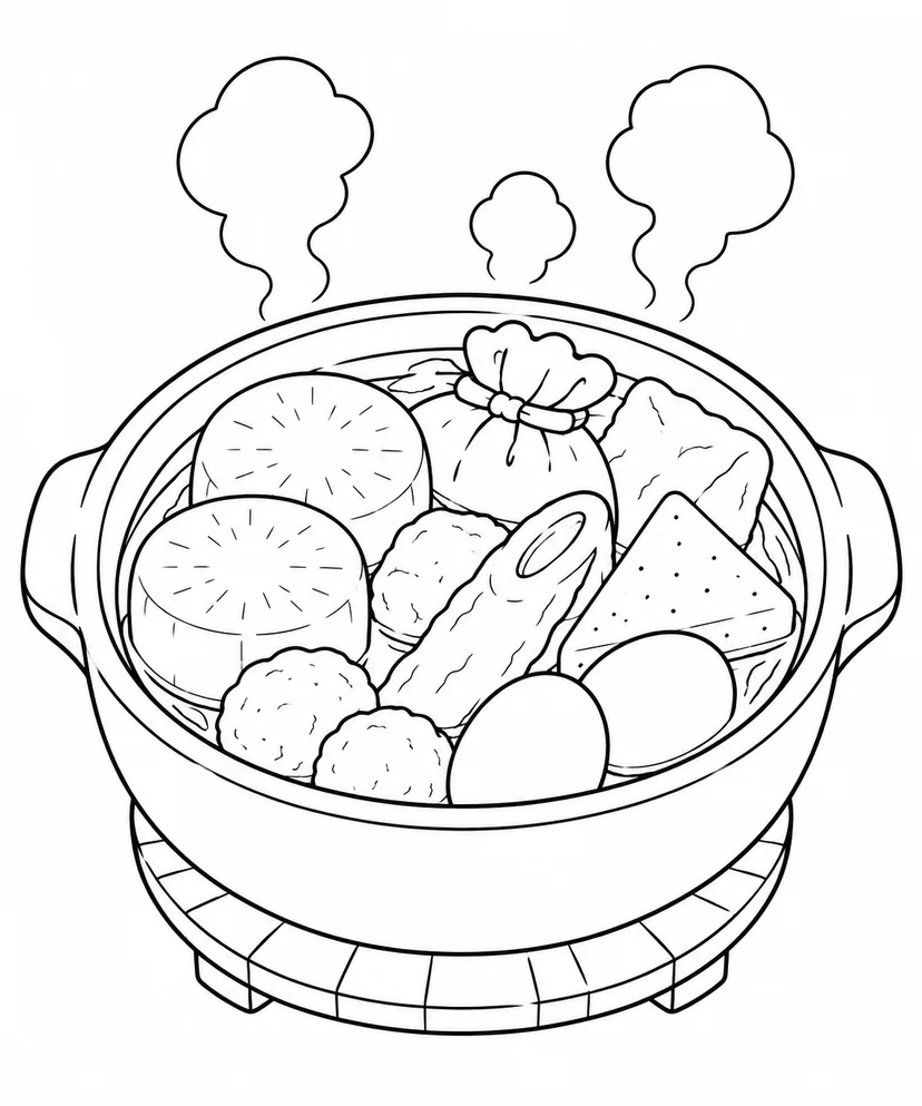湯気がのぼる冬のおでんの塗り絵