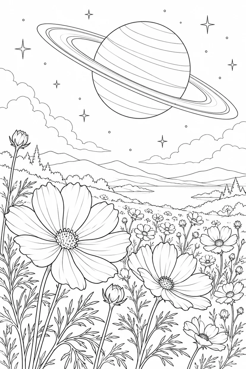 コスモスの花畑と環のある惑星の塗り絵